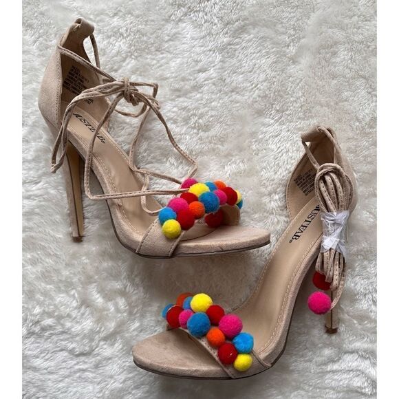 NWOB Hazel Pom Pom Embellished Heels by JUSTFAB - Picture 5 of 14